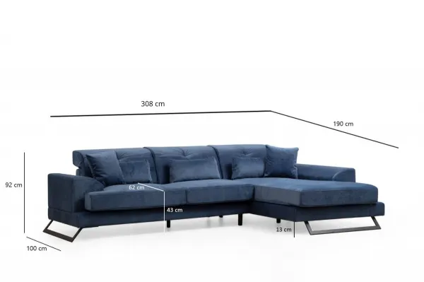 Hanah Home Rohová sedací souprava Frido 308 cm modrá pravá