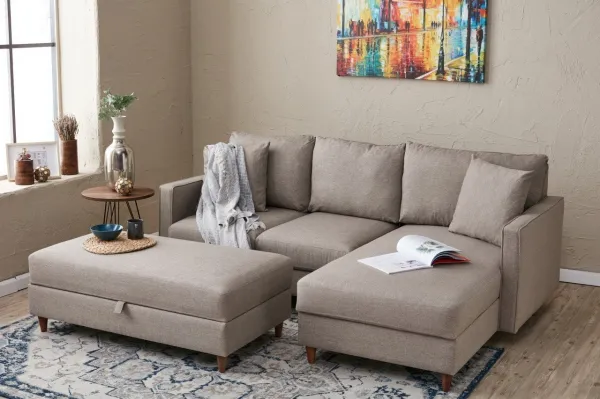 Hanah Home Rohová sedací souprava Eva 210 cm s taburetem béžová pravá