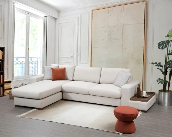 Hanah Home Rohová sedací souprava Loop 312 cm s odkládacím stolkem béžová levá