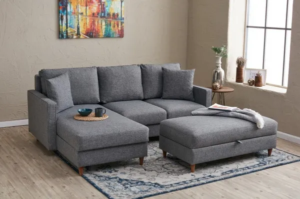 Hanah Home Rohová sedací souprava Eva 210 cm s taburetem šedá levá