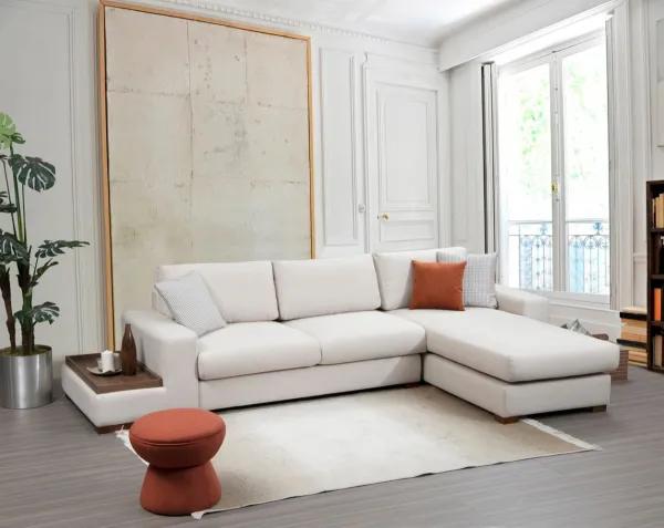 Hanah Home Rohová sedací souprava Loop 312 cm s odkládacím stolkem béžová pravá