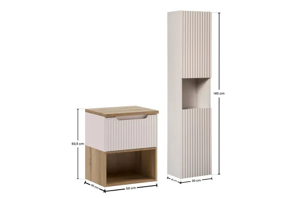 Comad Kúpeľňová zostava Nova Cashmere II s doskou, regálom a skrinkami 50 cm kašmírová/dub coast evoke