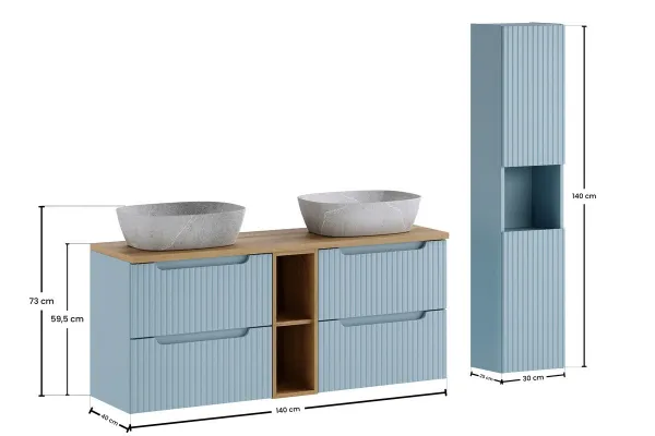 Comad Kúpeľňová zostava Nova Denim s doskou, skrinkami a umývadlami 140 cm modrá/dub coast evoke