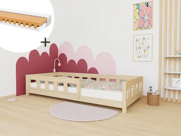 Benlemi Jednolôžková posteľ PLOTTY so zábranou 90x200 cm + matrac WAVE Zvoľte farbu: Nelakovaná, Zvoľte zábranu: S otvoreným vstupom
