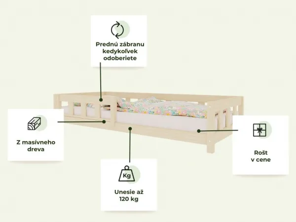 Benlemi Jednolôžková posteľ PLOTTY so zábranou 90x200 cm + matrac WAVE Zvoľte farbu: Nelakovaná, Zvoľte zábranu: S jednou zábranou