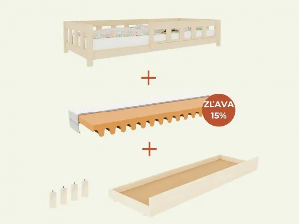 Benlemi Vysoká jednolôžková posteľ PLOTTY so zábranou a úložným šuplíkom 120x200 cm + matrac WAVE Zvoľte farbu: Biela, Zvoľte zábranu: S otvoreným vs…