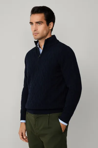 Sveter Hackett London Lambswool Cable Hzip Midnight Blue