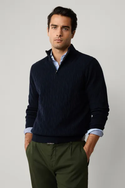 Sveter Hackett London Lambswool Cable Hzip Midnight Blue