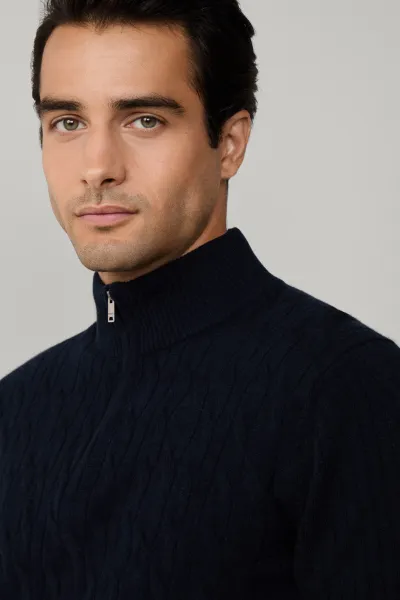 Sveter Hackett London Lambswool Cable Hzip Midnight Blue