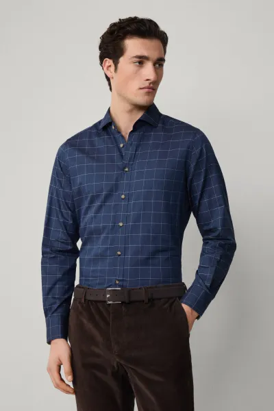 Košeľa Hackett London Flannel Windowpane Eton Blue