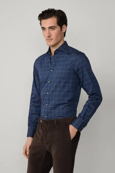 Košeľa Hackett London Flannel Windowpane Eton Blue