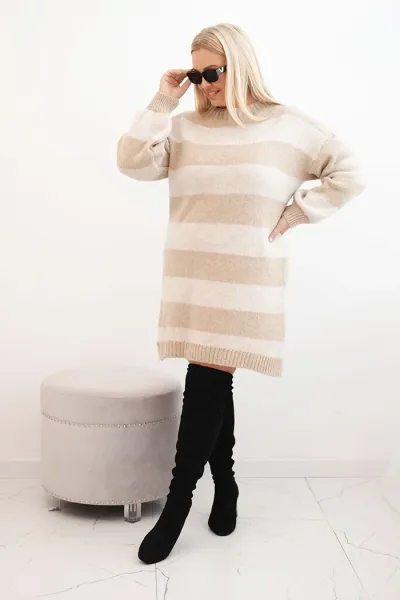 Legínovo Dámske pletené šaty Plus Size s pruhmi béžové Farba: Hnedá, Veľkosť: UNI