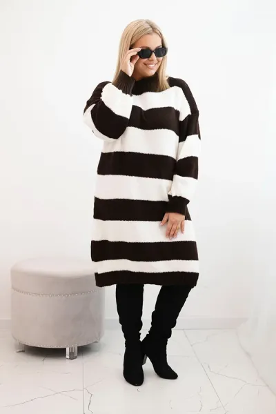 Legínovo Dámske pletené šaty Plus Size s pruhmi béžové Farba: Hnedá, Veľkosť: UNI