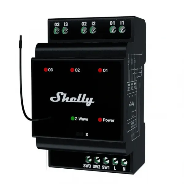 Shelly Wave Pro 3 LR - spínací modul 3x 16A (Z-Wave Long Range) SHELLY-WAVE-PRO-3-2025-1903