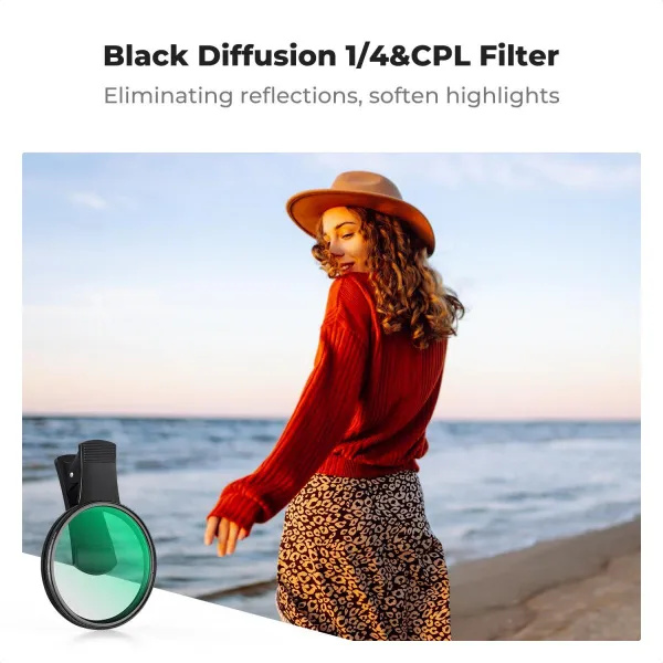 K&F Concept Univerzálny držiak na mobilný telefón 67 mm, vybavený filtrom Black mist 1/4 + CPL a povrchovou úpravou šošovky 40516