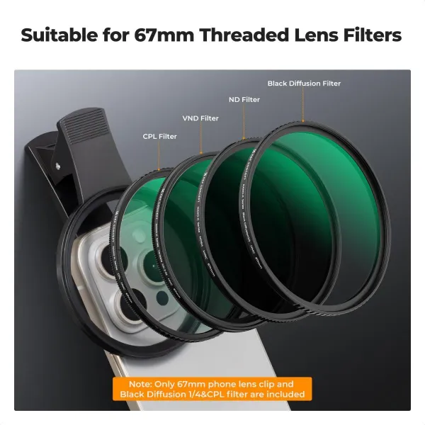 K&F Concept Univerzálny držiak na mobilný telefón 67 mm, vybavený filtrom Black mist 1/4 + CPL a povrchovou úpravou šošovky 40516