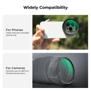 K&F Concept Univerzálny držiak na mobilný telefón 67 mm, vybavený filtrom Black mist 1/4 + CPL a povrchovou úpravou šošovky 40516