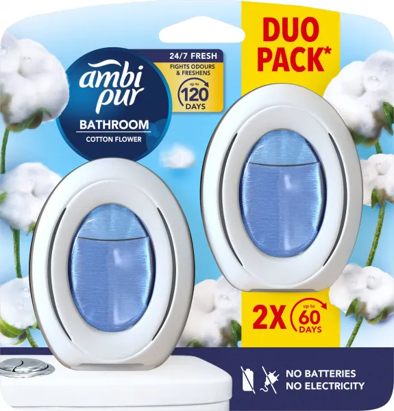Ambi Pur Bathroom Cotton Fresh,Nepretržitý Osviežovač Vzduchu,Odstránenie A Prevencia Zápachu,2Kusov