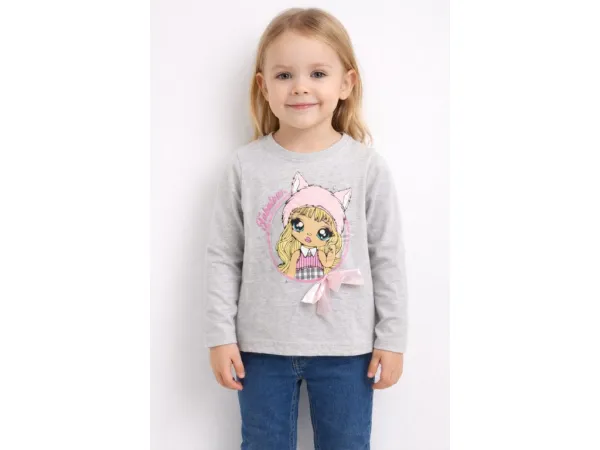 Fashionkids Dievčenské tričko s potlačou a mašličkou – sivé Farba: Ružová, Veľkosť: 116