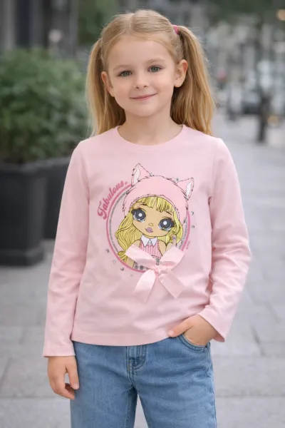 Fashionkids Dievčenské tričko s potlačou a mašličkou – sivé Farba: Sv.sivá, Veľkosť: 110