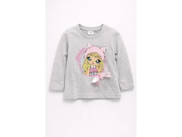 Fashionkids Dievčenské tričko s potlačou a mašličkou – sivé Farba: Sv.sivá, Veľkosť: 110