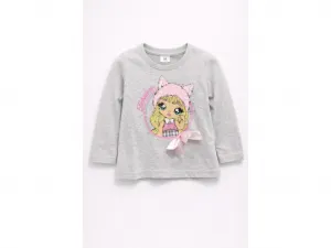 Fashionkids Dievčenské tričko s potlačou a mašličkou – sivé Farba: Sv.sivá, Veľkosť: 110