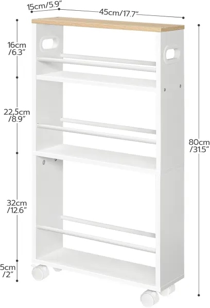 Úzky pojazdný kuchynský regál Vasagle Tonari 45 cm biely/hnedý